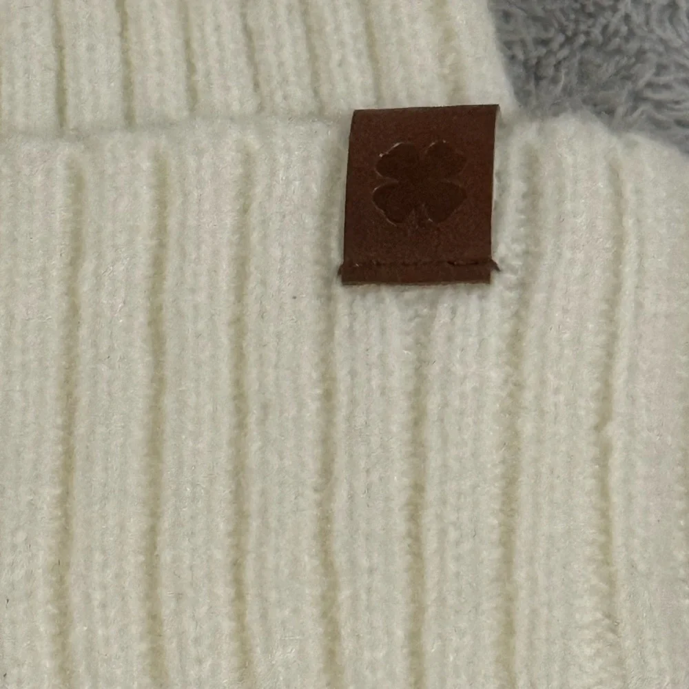 Lucky Brand Cream and Brown Ribbed Knit Hat with Pom-Pom OSFM NWT